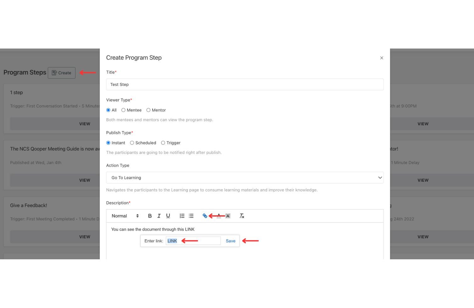 Paste the link on the area that appears and click 'Save