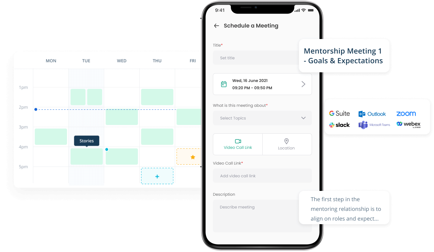 Integrated meeting scheduler with recommended topics to cover and sample agendas.