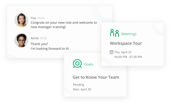 A senior employee welcoming a new employee to her new manager position through Qooper's Mentoring Software 