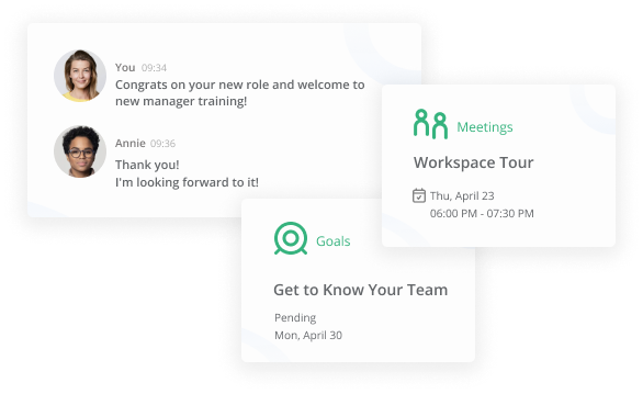 A senior employee welcoming a new employee to her new manager position through Qooper's Mentoring Software