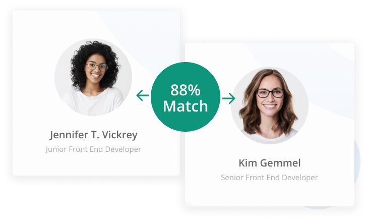 Two women developers are matched as peers through Qooper's matching algorithm.