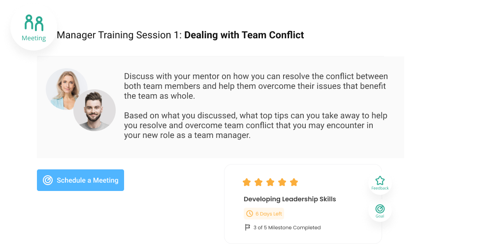 Mentorship activities and sessions planned under the meeting feature of Qooper and the lesson is on dealing with team conflict