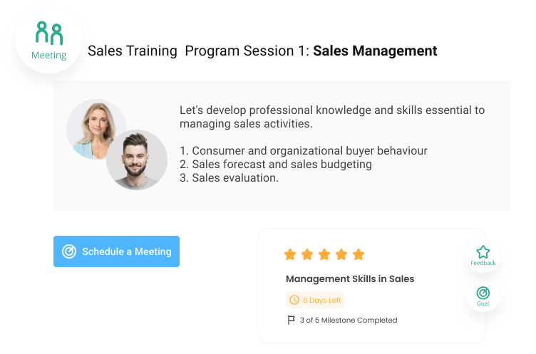 Sales training program session on sales management displayed on Qooper's mentoring software