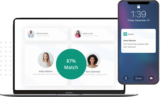 Qooper's customizable mentor-matching algorithm on a desktop and mobile screen