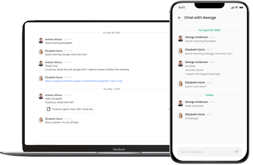 Qooper chat on a desktop and mobile screen