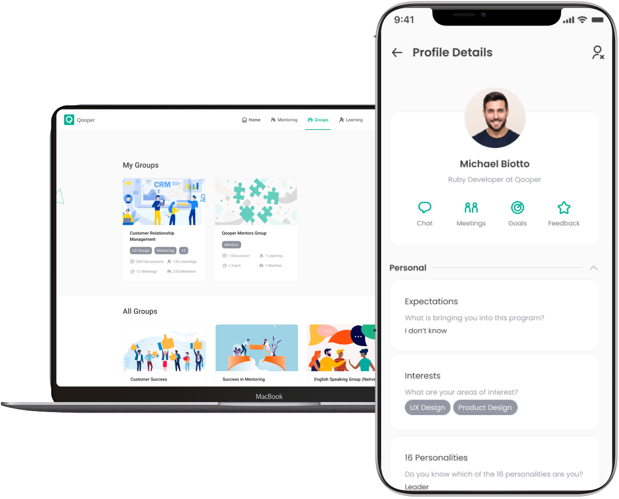 Qooper Mentoring App on a desktop and a mobile screen