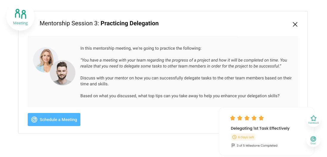 A screenshot from Qooper of a mentorship session on practicing delegation