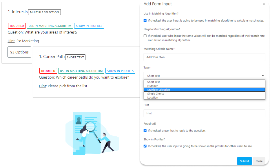 profile form, matching algorihtm profile form, matching algorihtm