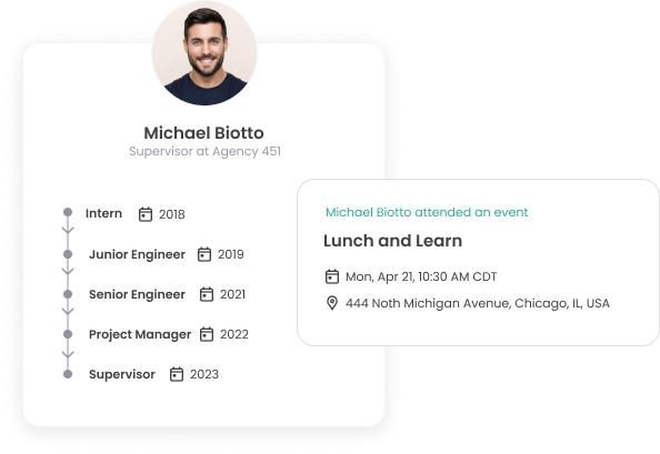 An employee named Michael Biotto's career development as he is upskilled and an event that he joined.